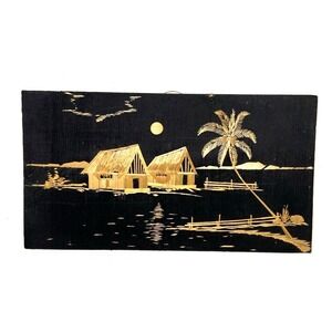 Vtg Asian Bamboo Straw on Silk Art Picture 2 Houses Palm Tree Moon or Sun